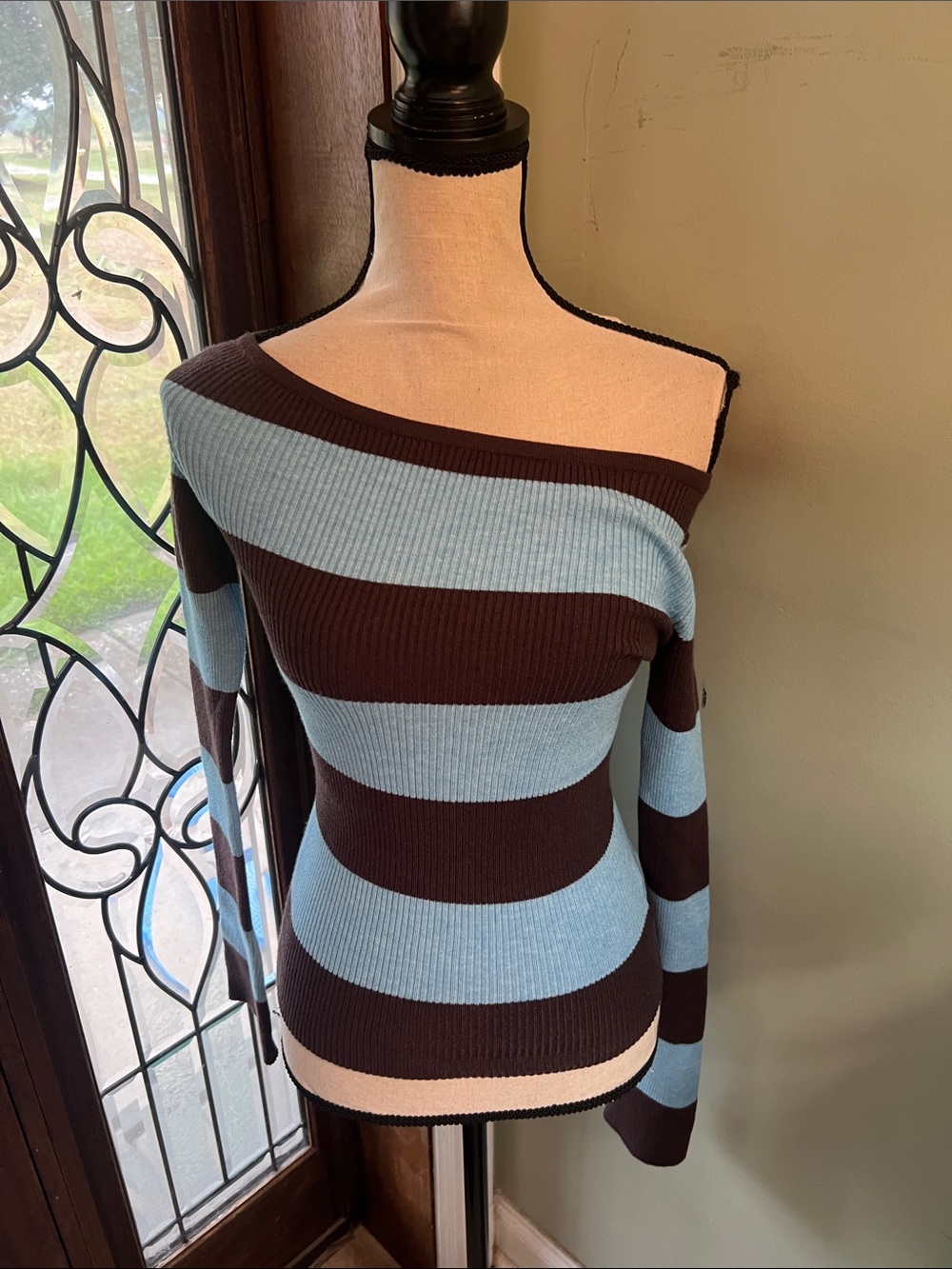 Pink Rose Off-the-Shoulder Striped Sweater in Brown and Light Blue